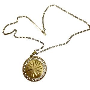 EMMONS Gold Plated Etched Filigree Medallion Pendant Chain Necklace 24”